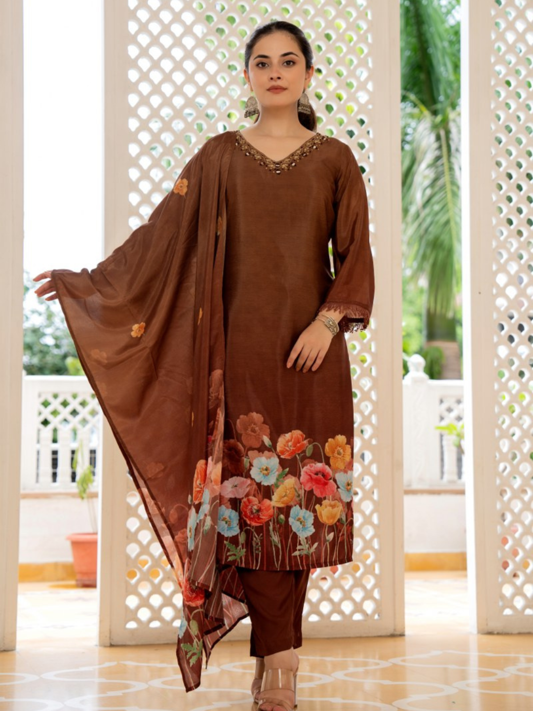 Women Brown V-neck Kurti Set With Duppatta