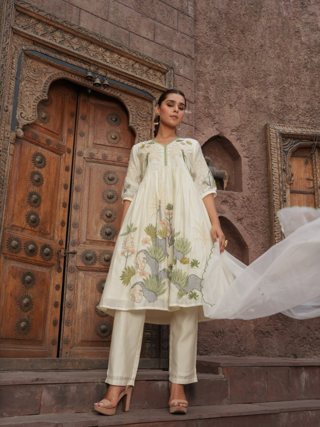 Floral Embroided Kurta with Trousers and Dupatta