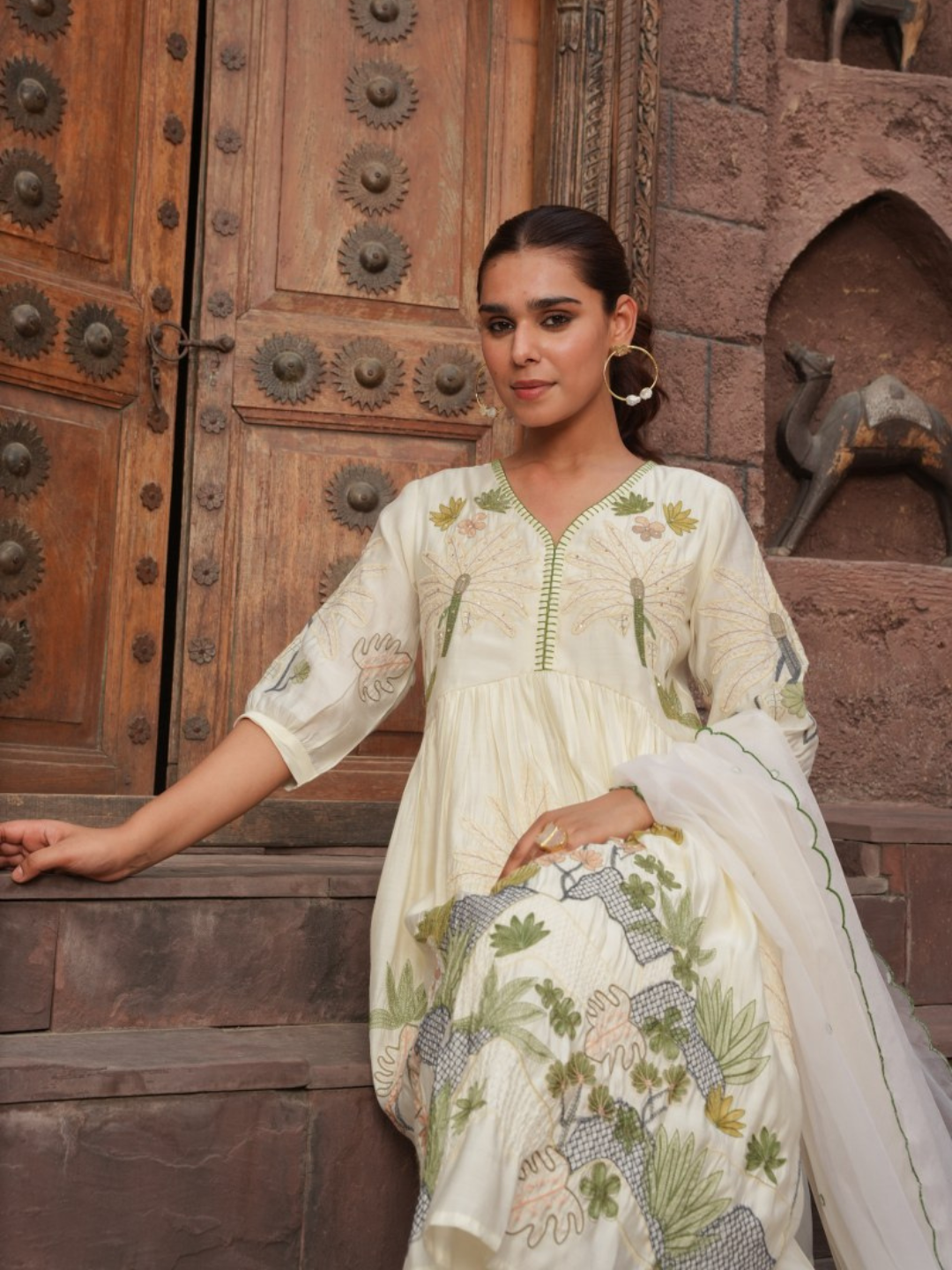 Floral Embroided Kurta with Trousers and Dupatta