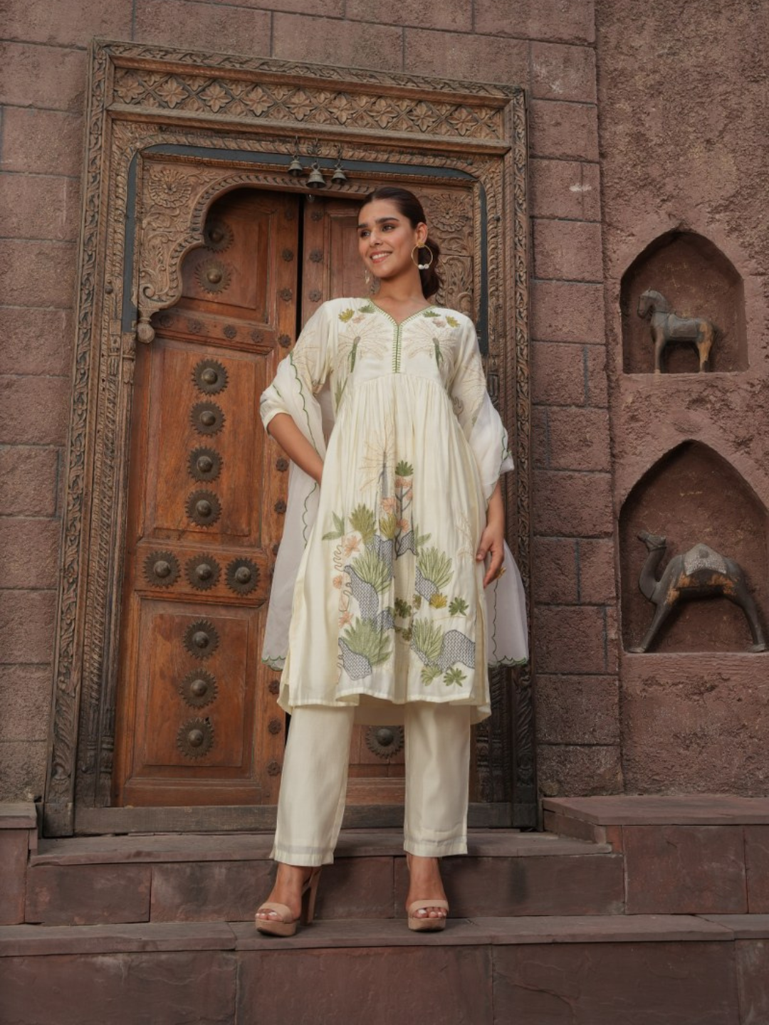 Floral Embroided Kurta with Trousers and Dupatta
