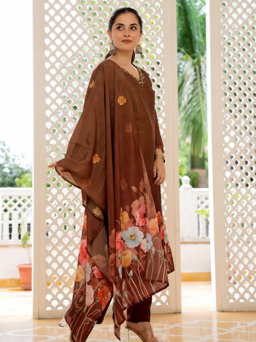 Women Brown V-neck Kurti Set With Duppatta