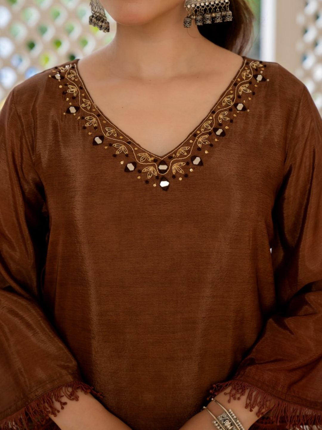 Women Brown V-neck Kurti Set With Duppatta