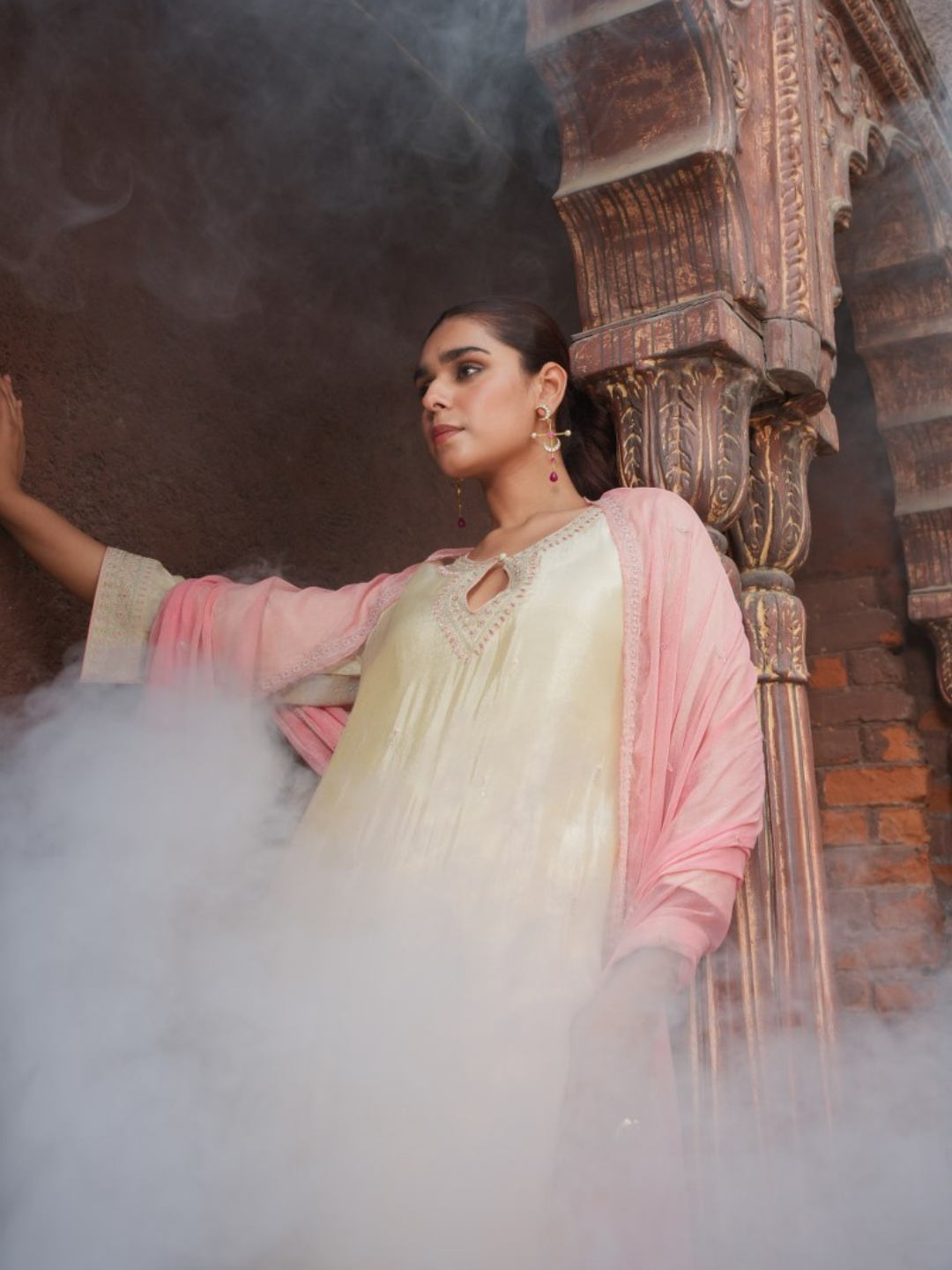Off-White Embroidered Kurta Set With Pink Dupatta