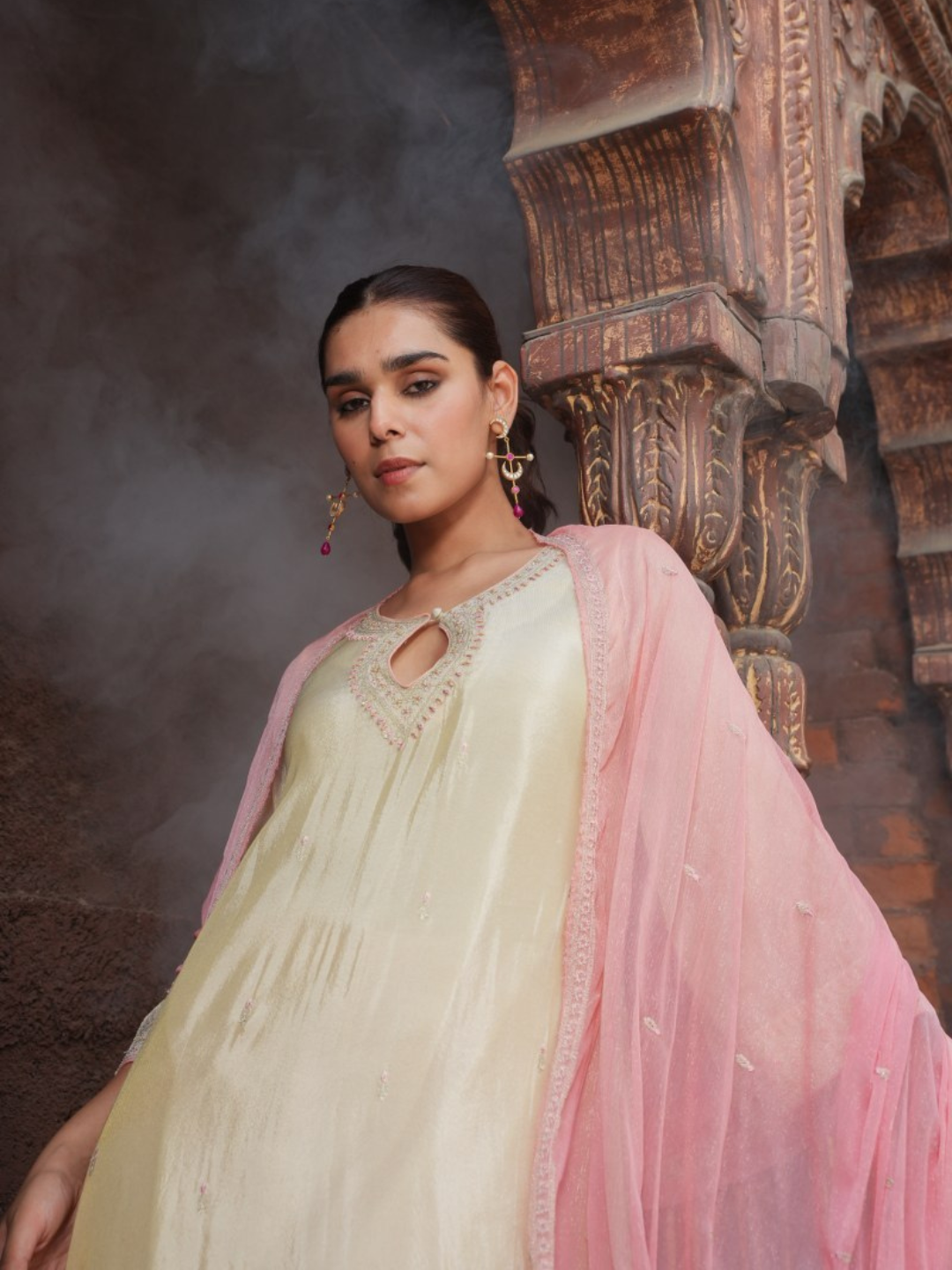 Off-White Embroidered Kurta Set With Pink Dupatta