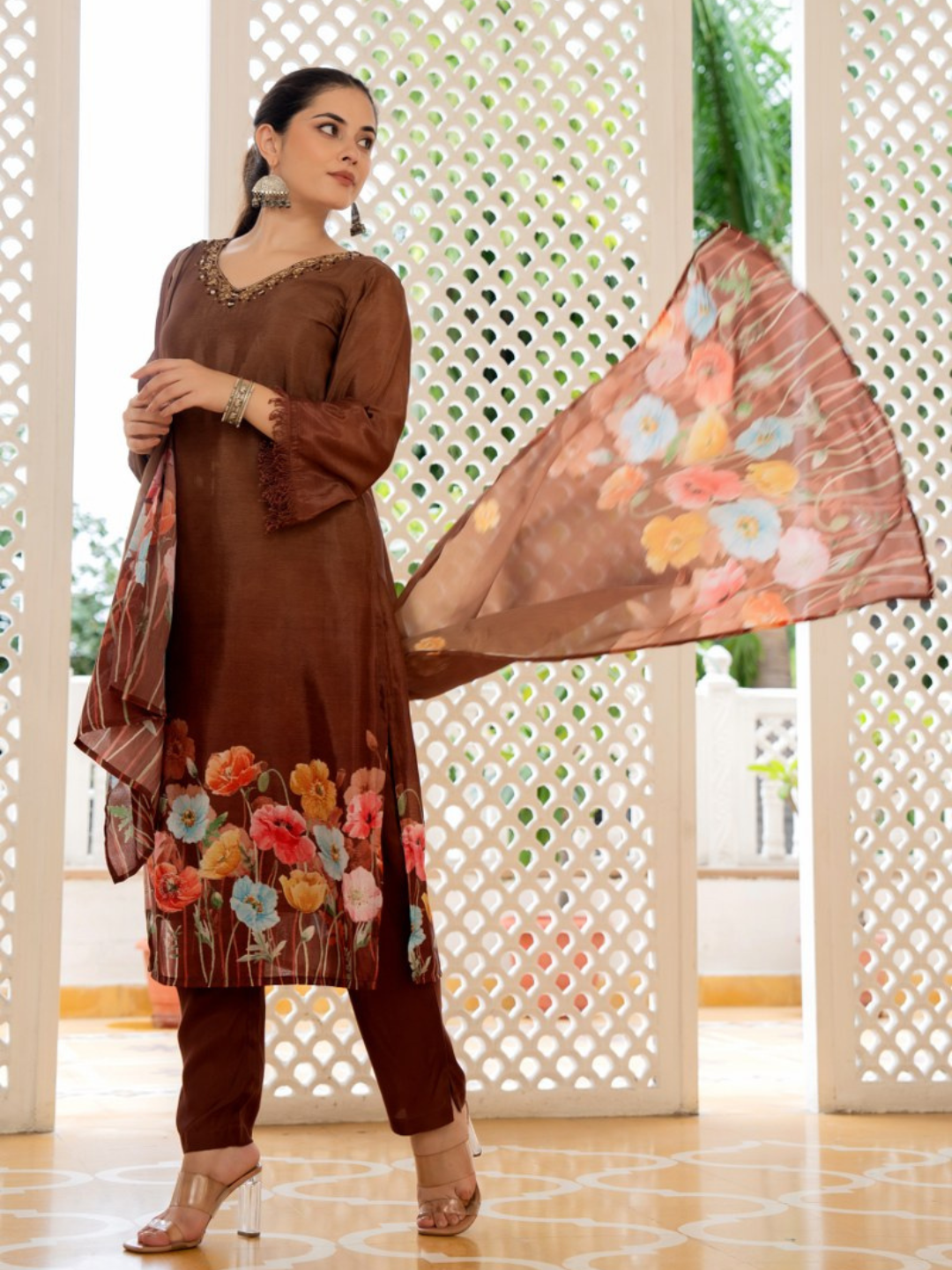 Women Brown V-neck Kurti Set With Duppatta