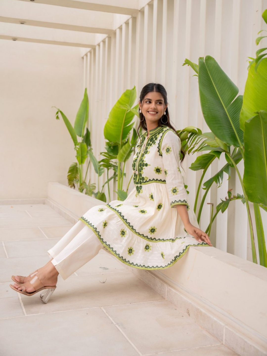 Embroidered Pure Cotton Tunic With Trousers