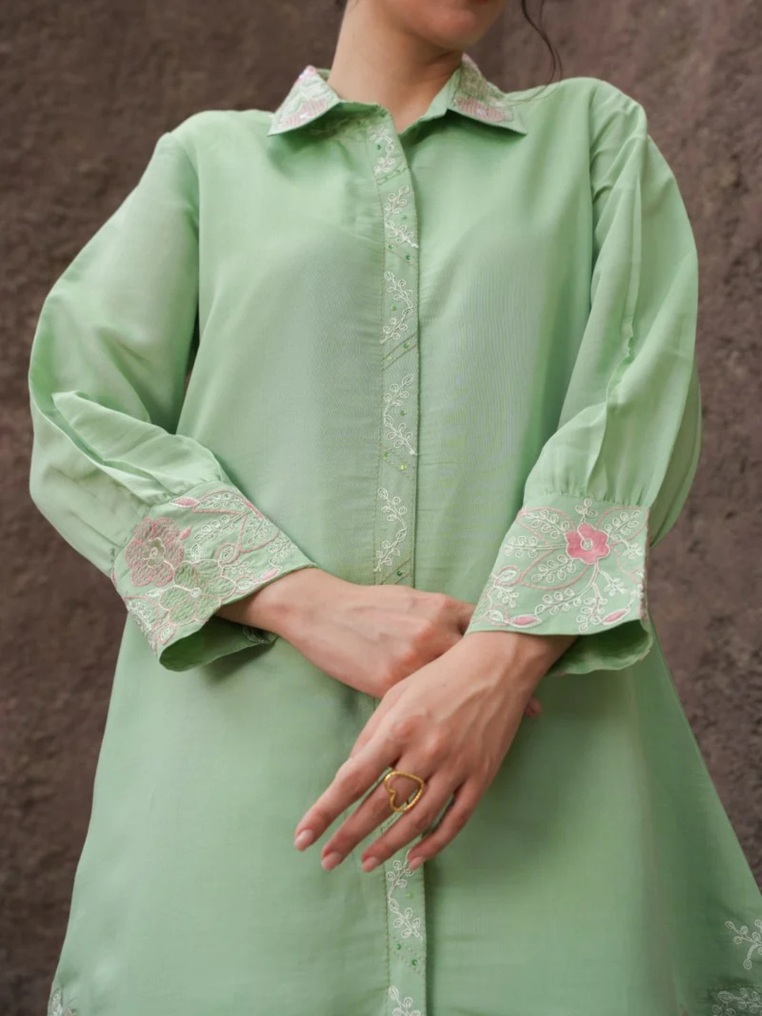 Pista Floral Embroidered Shirt Collar Co-ord set