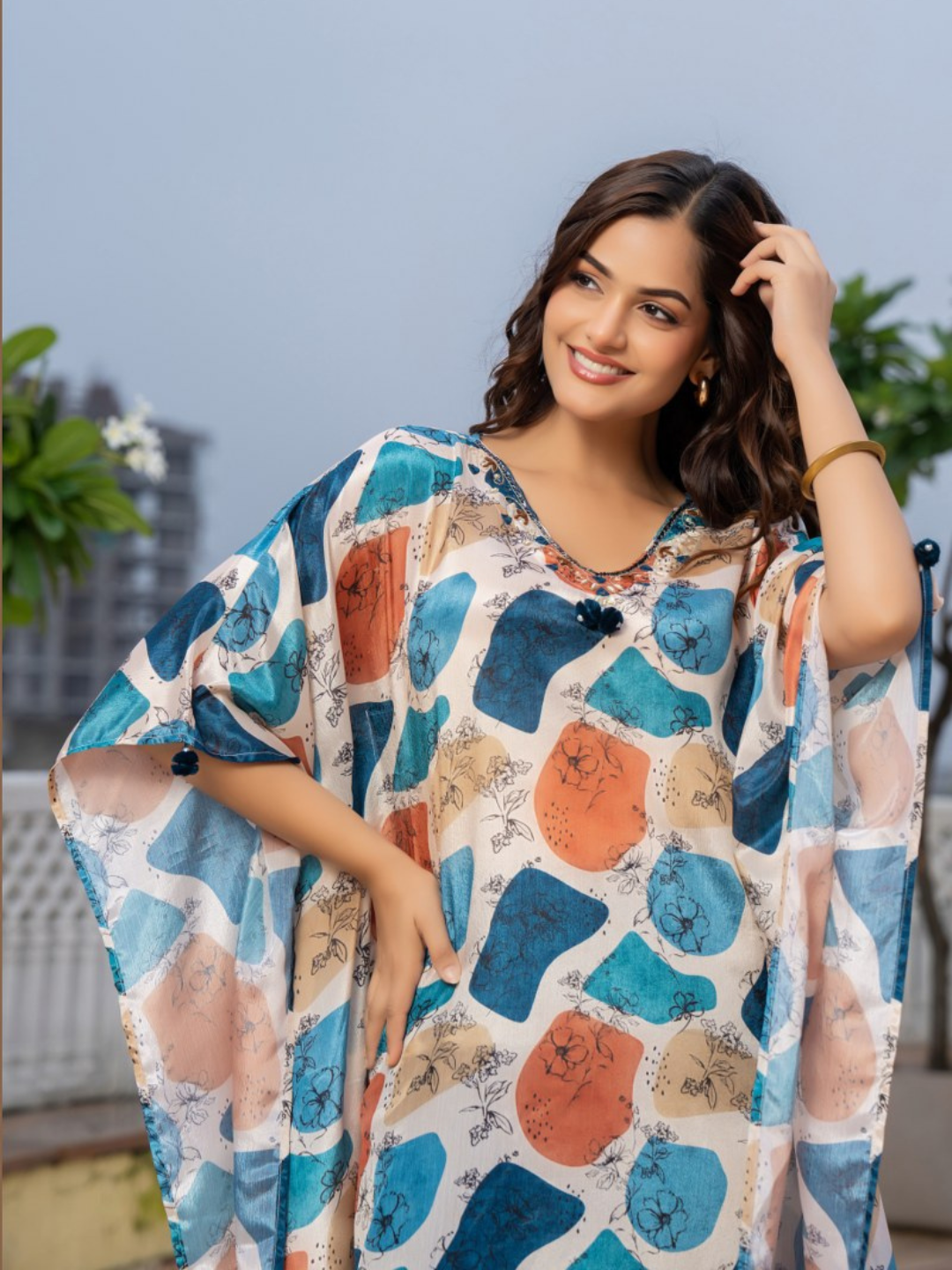 Women V-neck Printed Kaftan Kurti Set