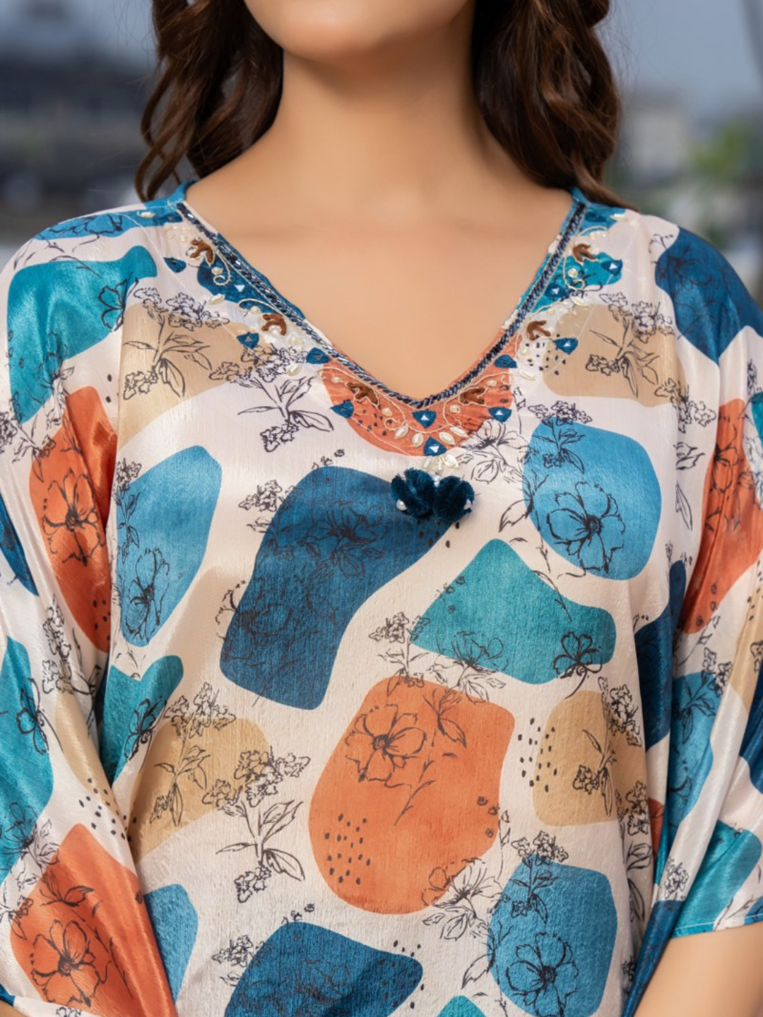 Women V-neck Printed Kaftan Kurti Set
