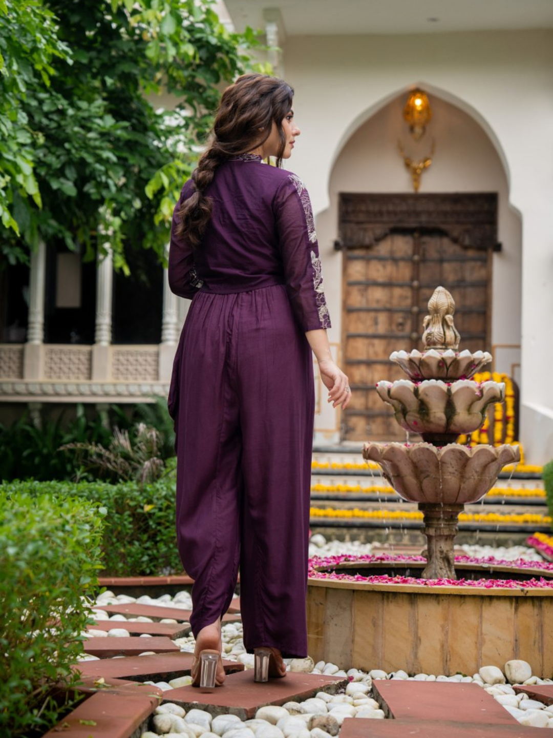 Three Piece Indo-Western Styled Blouse and Dhoti with Embroidered Shrug