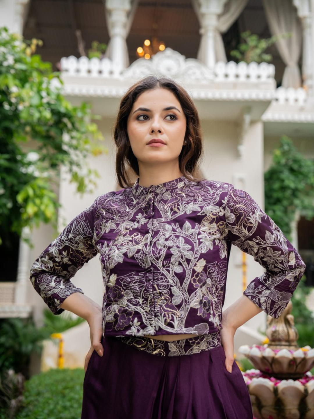 Three Piece Indo-Western Styled Blouse and Dhoti with Embroidered Shrug
