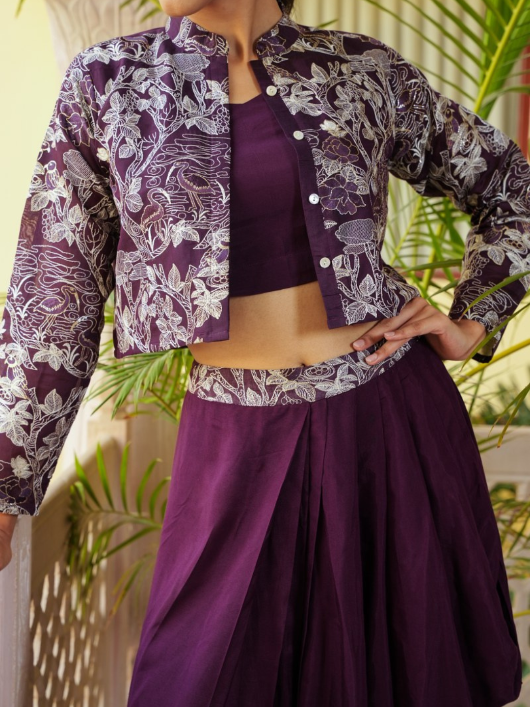 Three Piece Indo-Western Styled Blouse and Dhoti with Embroidered Shrug