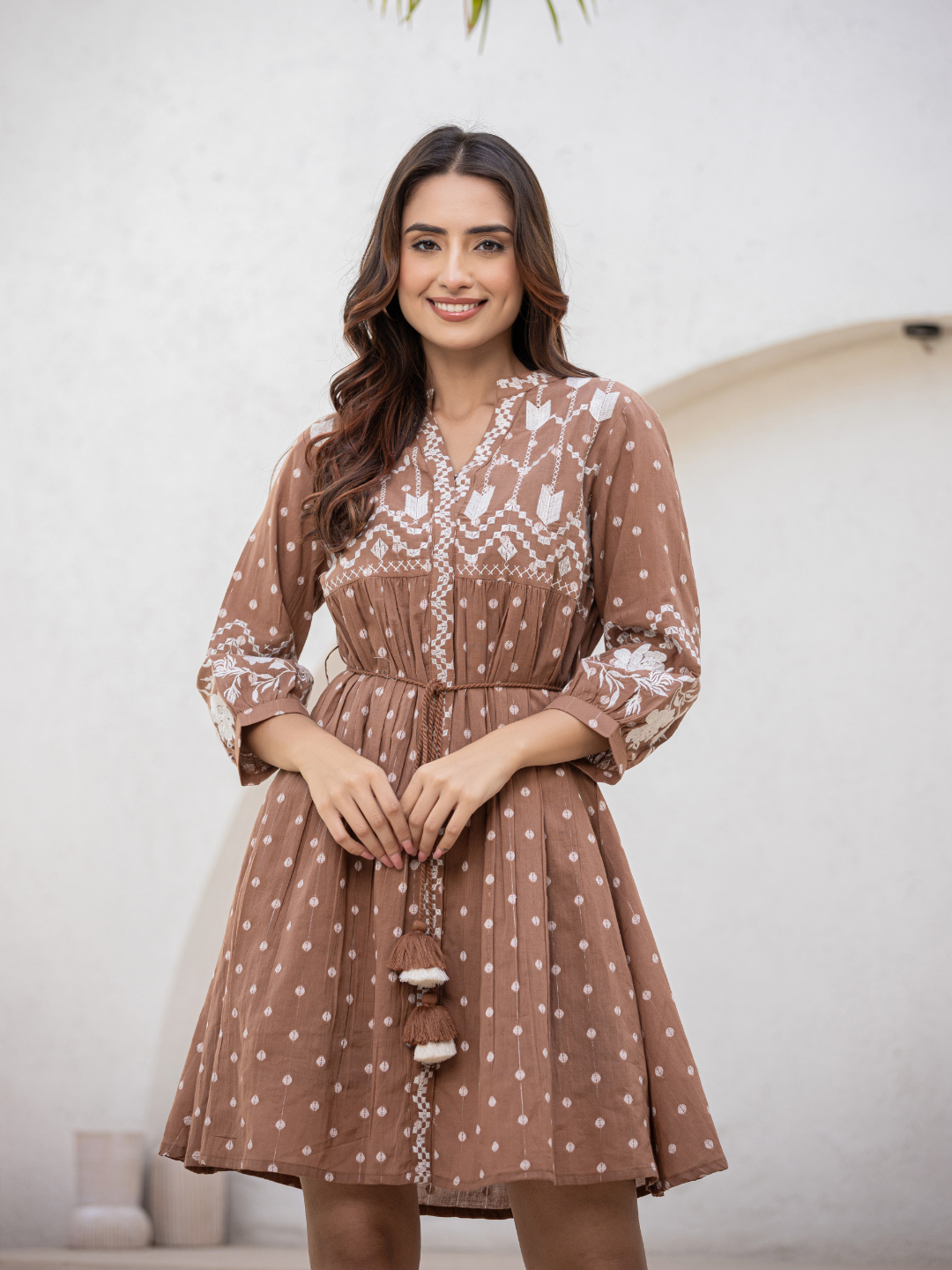 Women Short Brown Kurti With Thread Work