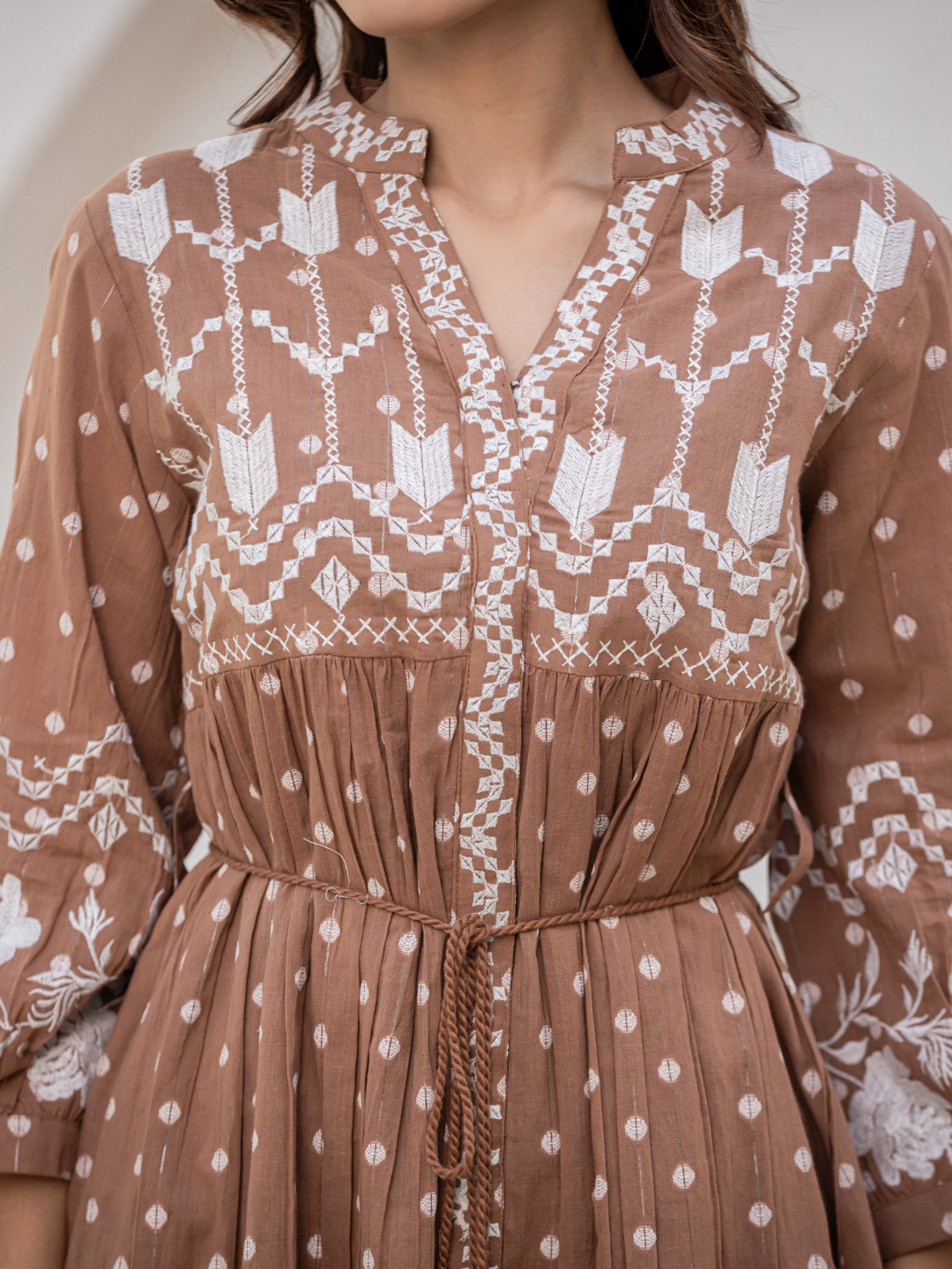 Women Short Brown Kurti With Thread Work