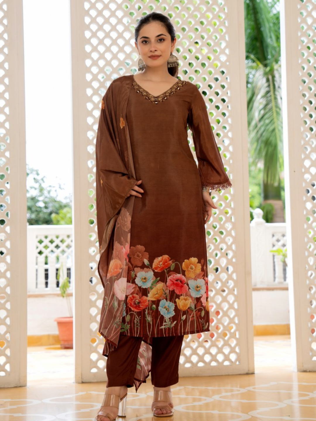 Women Brown V-neck Kurti Set With Duppatta