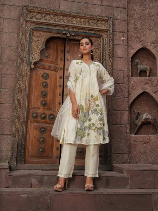 Floral Embroided Kurta with Trousers and Dupatta