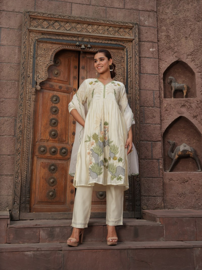 Floral Embroided Kurta with Trousers and Dupatta