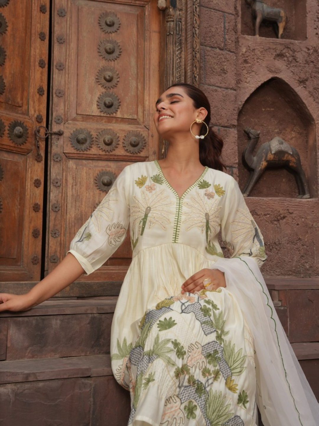 Floral Embroided Kurta with Trousers and Dupatta