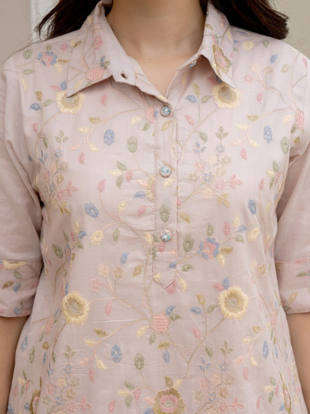 Floral Embroidered Shirt Collar Mul Cotton Tunic With Trouser