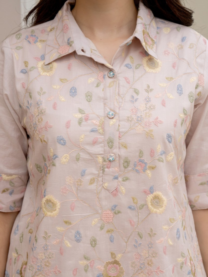 Floral Embroidered Shirt Collar Mul Cotton Tunic With Trouser