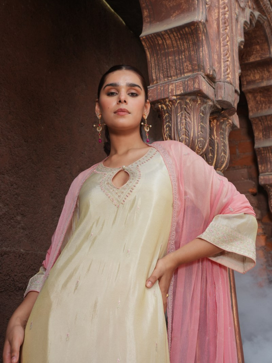 Off-White Embroidered Kurta Set With Pink Dupatta