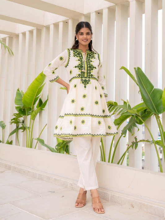 Embroidered Pure Cotton Tunic With Trousers