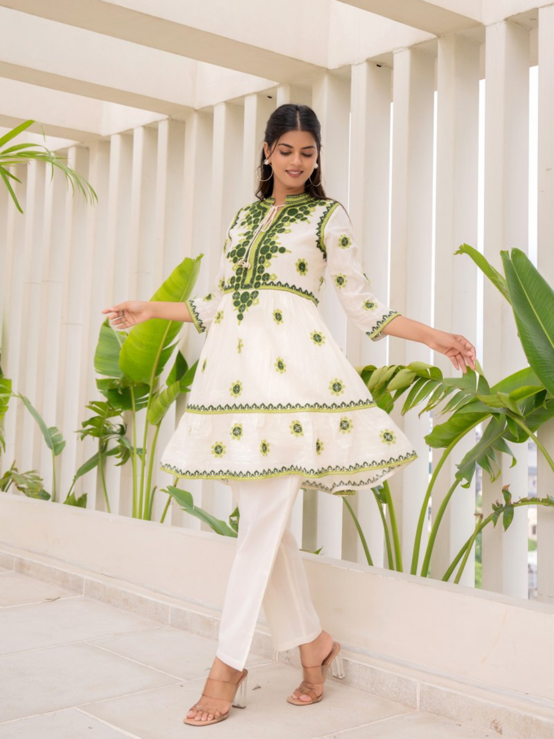 Embroidered Pure Cotton Tunic With Trousers