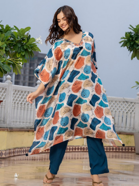 Women V-neck Printed Kaftan Kurti Set