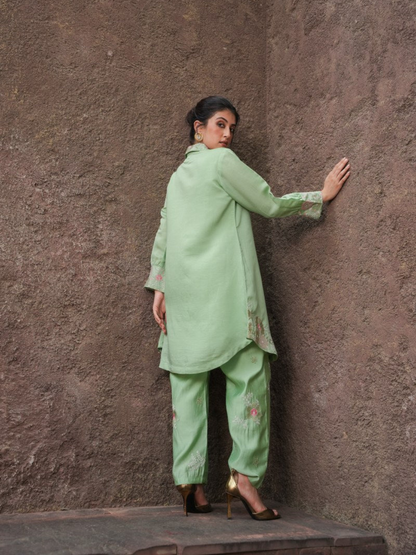 Pista Floral Embroidered Shirt Collar Co-ord set