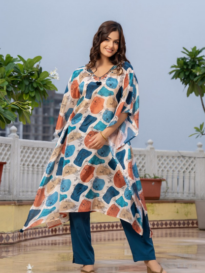 Women V-neck Printed Kaftan Kurti Set