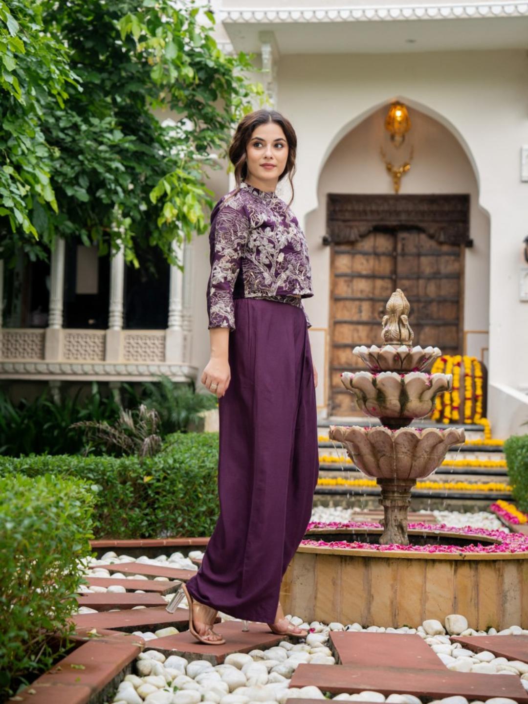 Three Piece Indo-Western Styled Blouse and Dhoti with Embroidered Shrug