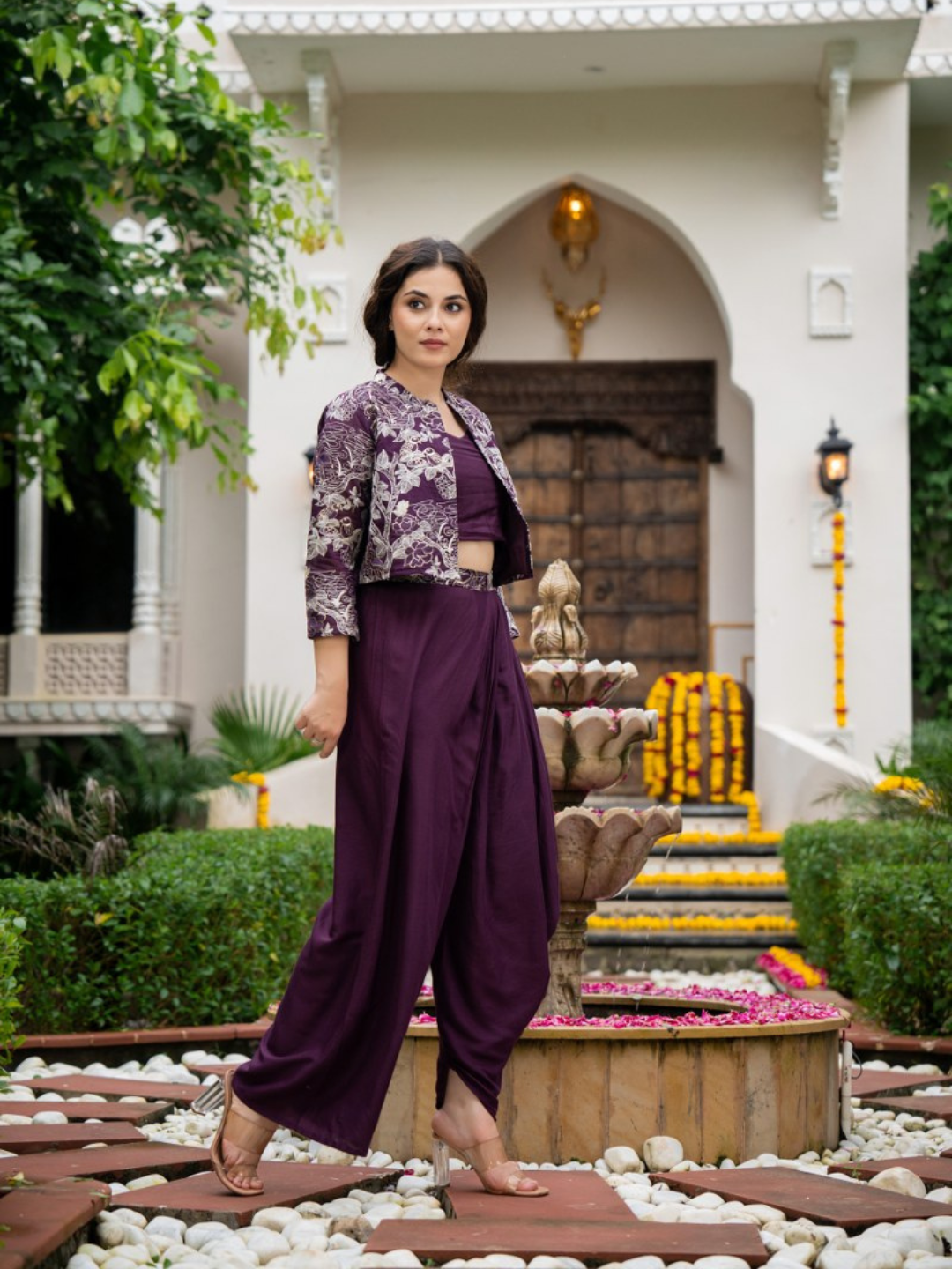 Three Piece Indo-Western Styled Blouse and Dhoti with Embroidered Shrug