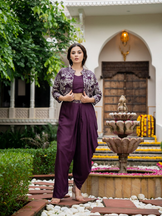 Three Piece Indo-Western Styled Blouse and Dhoti with Embroidered Shrug