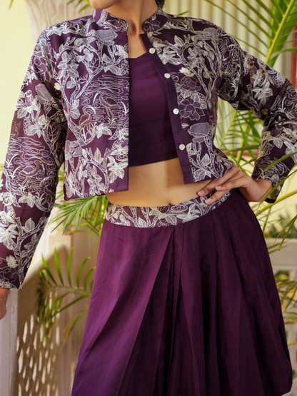 Three Piece Indo-Western Styled Blouse and Dhoti with Embroidered Shrug