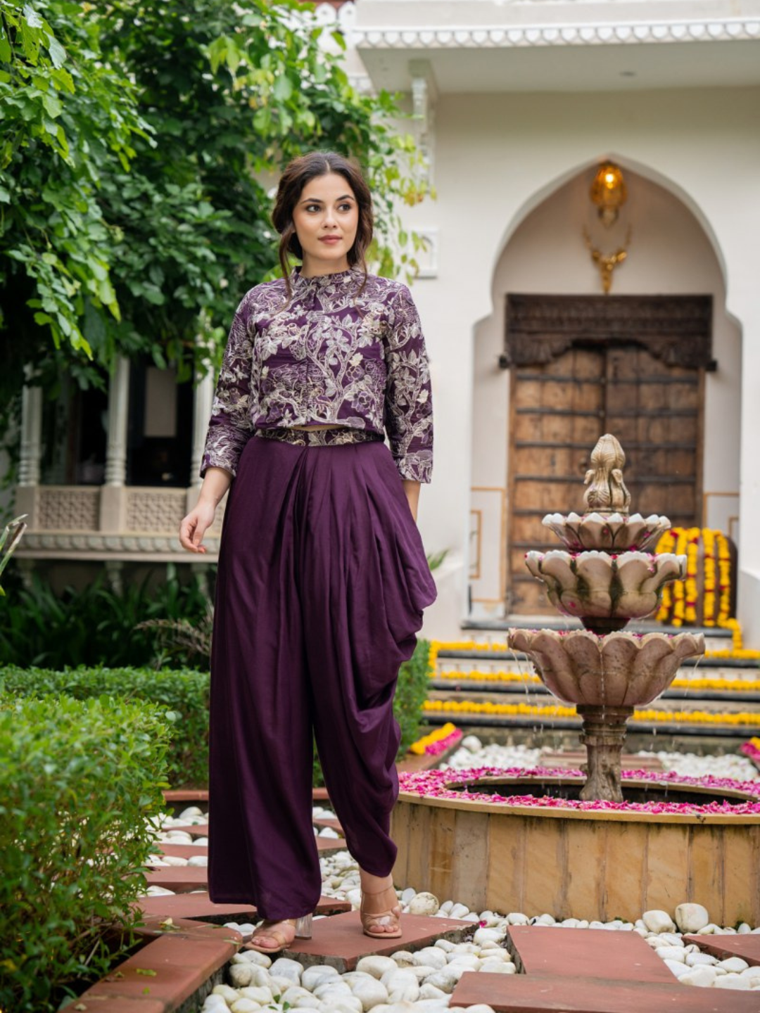 Three Piece Indo-Western Styled Blouse and Dhoti with Embroidered Shrug
