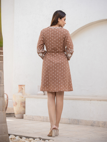 Women Short Brown Kurti With Thread Work