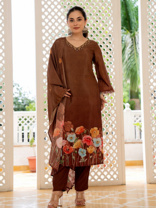 Women Brown V-neck Kurti Set With Duppatta